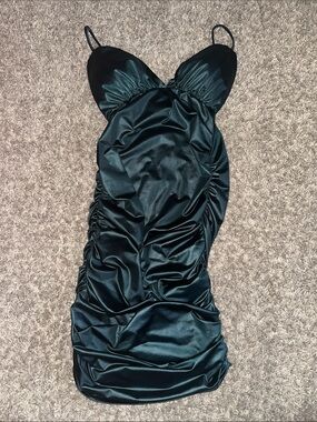 Ruched Satin Mini Dress with Spaghetti Straps in Dark Teal